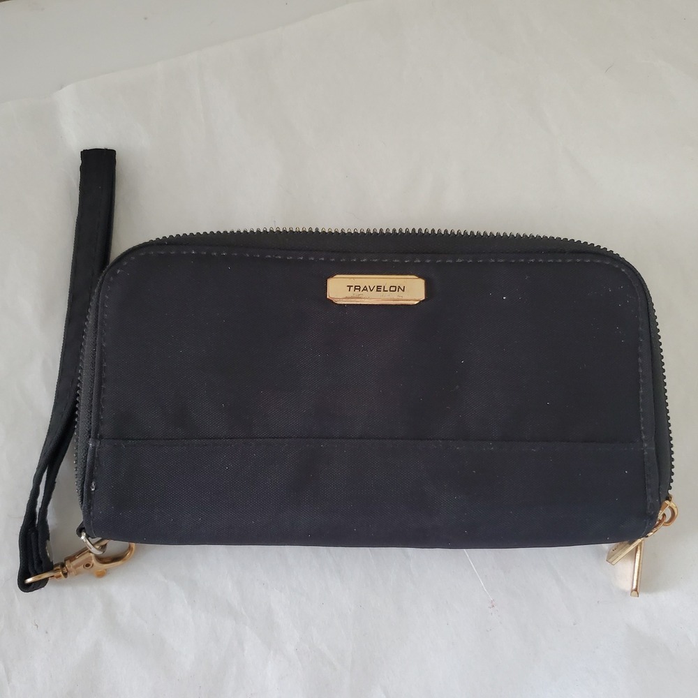 Travelon Black Nylon RFID Blocking Double Zip Wristlet Wallet Gold Hardware